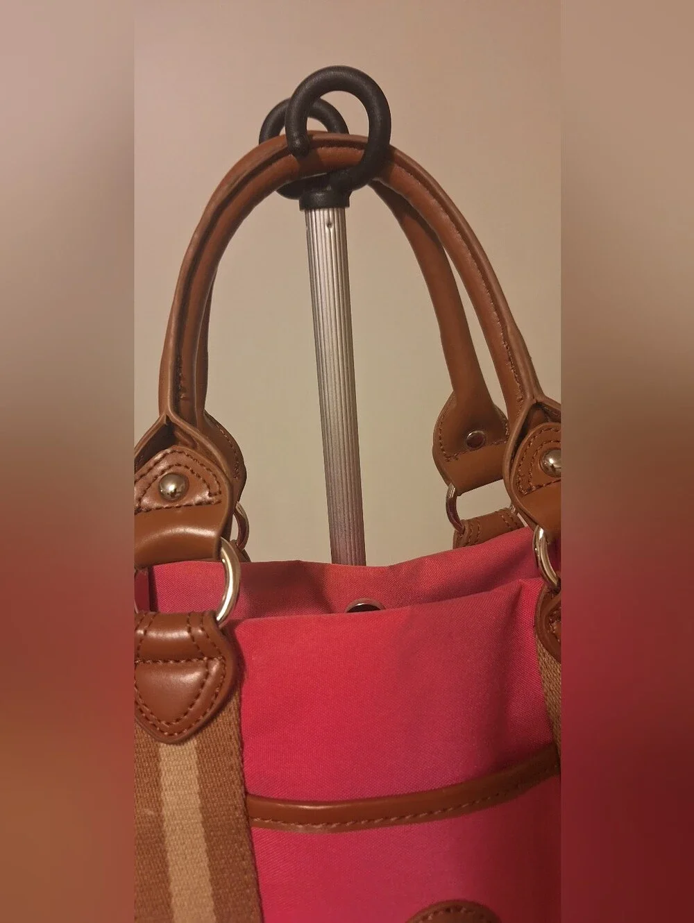 Tyler Rodan Coral Canvas Tote with Tan Trim and Multicolor Tag (13.5 X 8.5 X 4.5